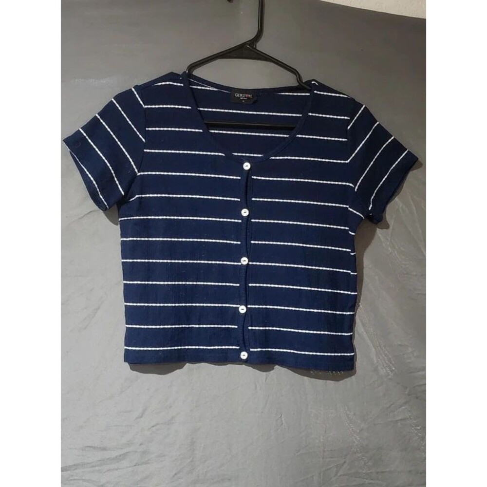 Gemstone Size 16 Navy Striped Ribbed Button Crop Top